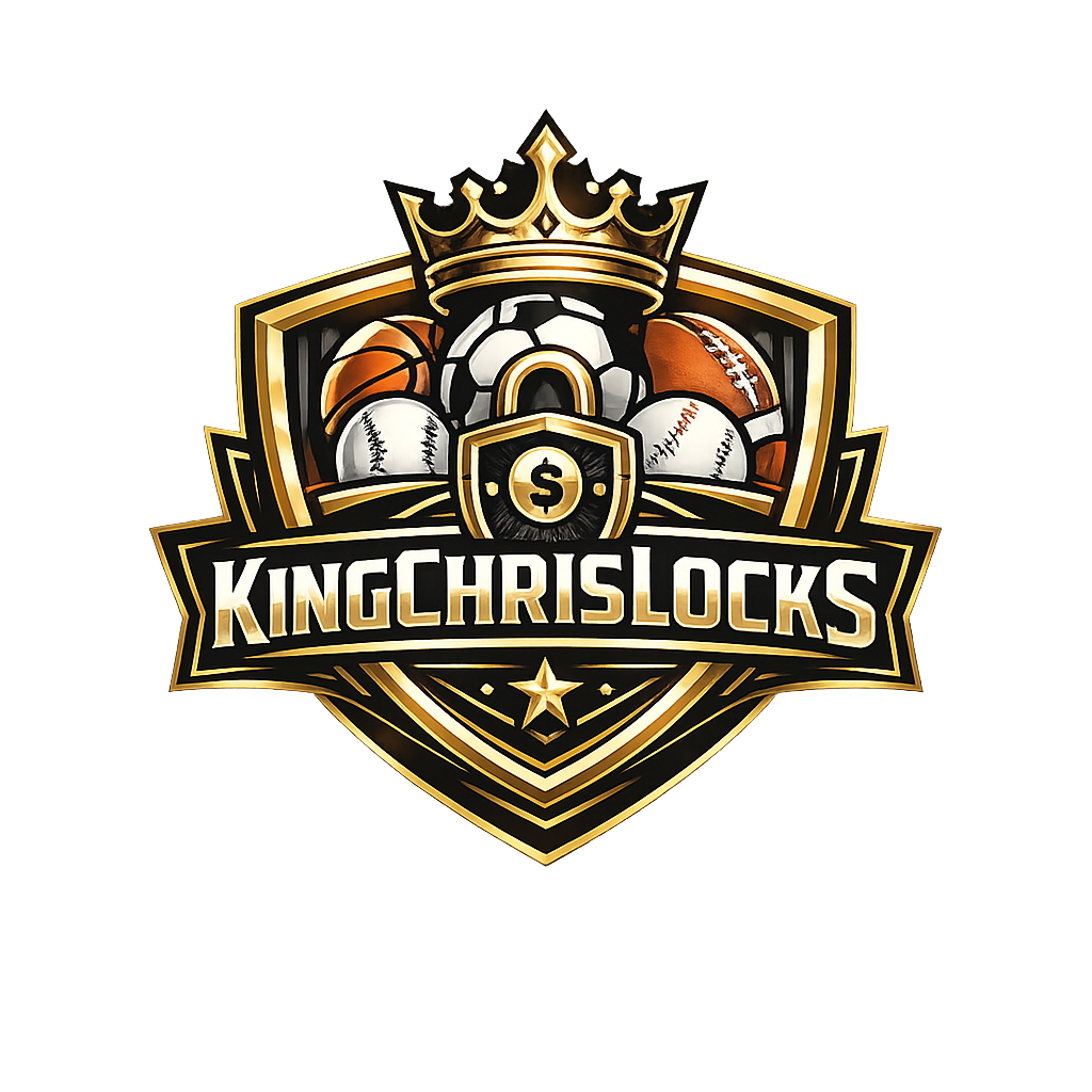 KingChrisLocks crest with crown, sports balls and gold banner