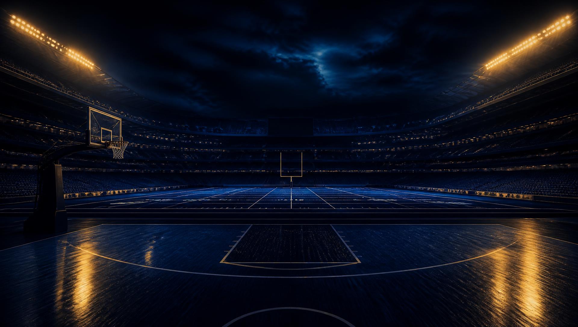 Floodlit stadium at night in blue and gold light